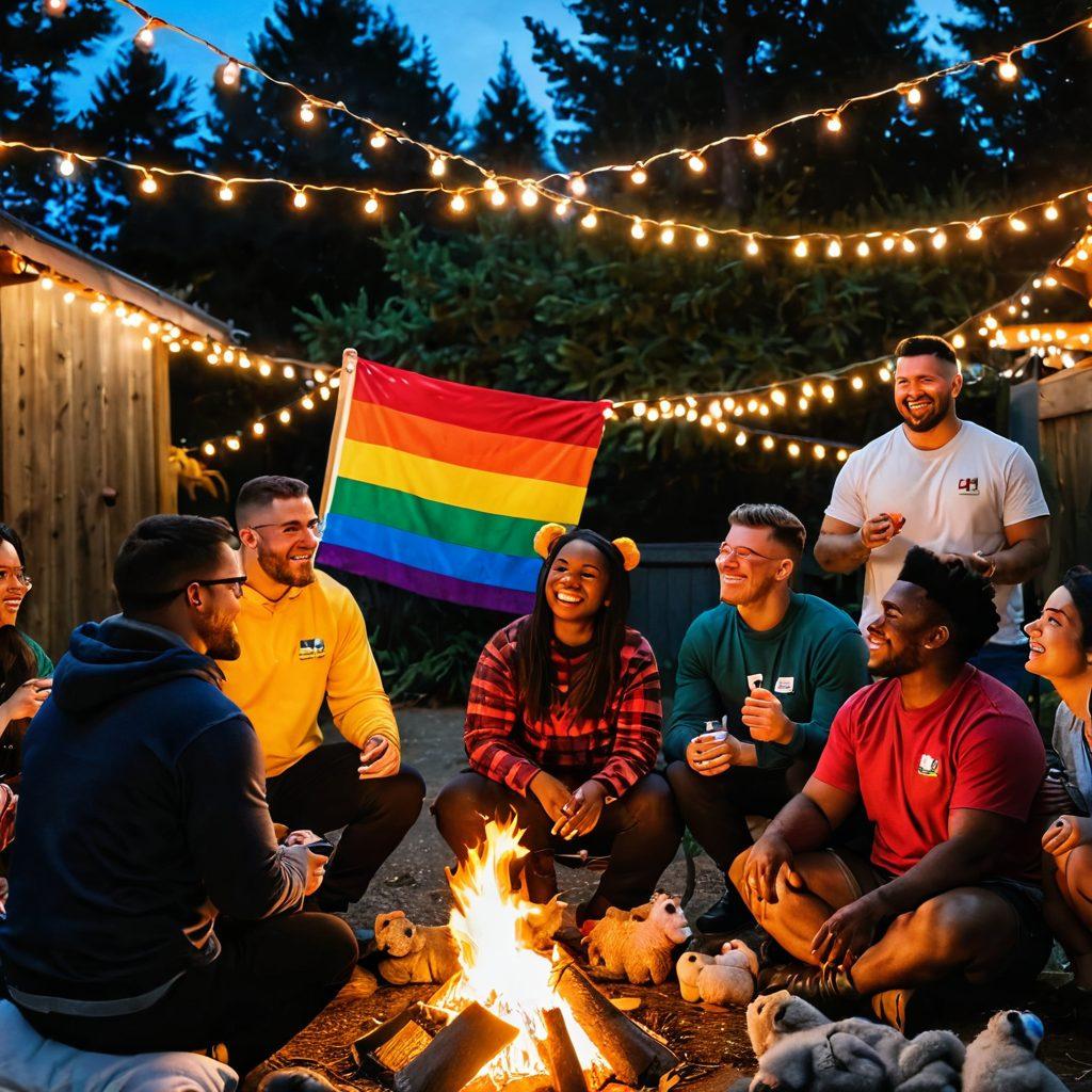 A cozy gathering of diverse individuals embodying the 'bear' culture, showcasing warm interactions and laughter under string lights in a lively outdoor setting. Incorporate elements like colorful pride flags, plush teddy bears, and a fire pit, emphasizing inclusivity and community vibes. Capture a sense of joy, camaraderie, and acceptance, reflecting the essence of LGBTQ bear culture. super-realistic. vibrant colors. 3D.
