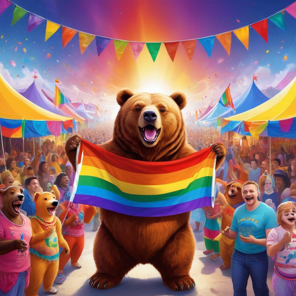 A vibrant, colorful celebration featuring diverse bears in various styles and orientations, adorned in rainbow attire, joyfully gathered around a festive banner that reads 'Celebrate Diversity'. In the background, a lively festival scene with colorful tents, fairy lights, and LGBTQ flags waving proudly. The atmosphere is filled with happiness, inclusivity, and pride. super-realistic. vibrant colors. 3D.