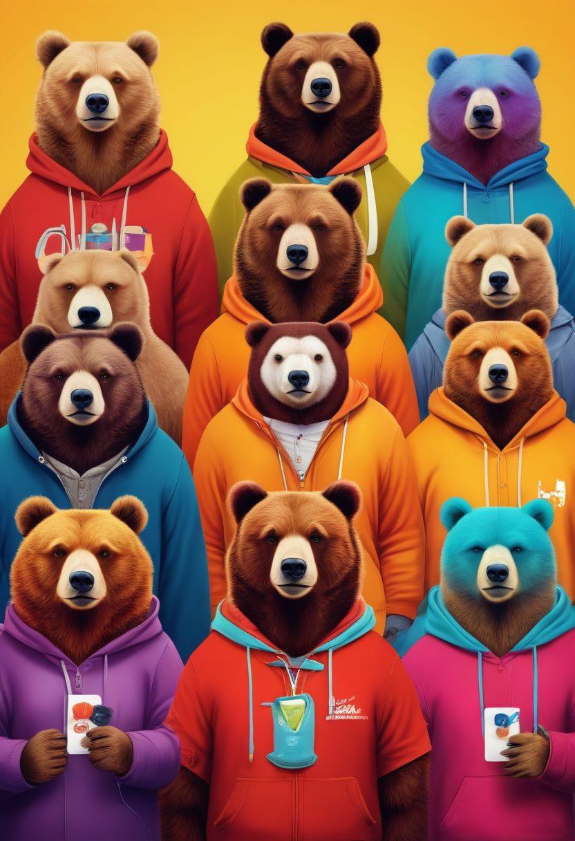 A vibrant illustration showcasing a variety of bears in diverse outfits, representing different identities within the bear subculture. The background features digital elements like social media icons and a virtual community gathering, symbolizing the impact of the digital age on their identity. Include a mix of warm and cool colors to enhance the sense of diversity and community. quirky style. vibrant colors. digital art.